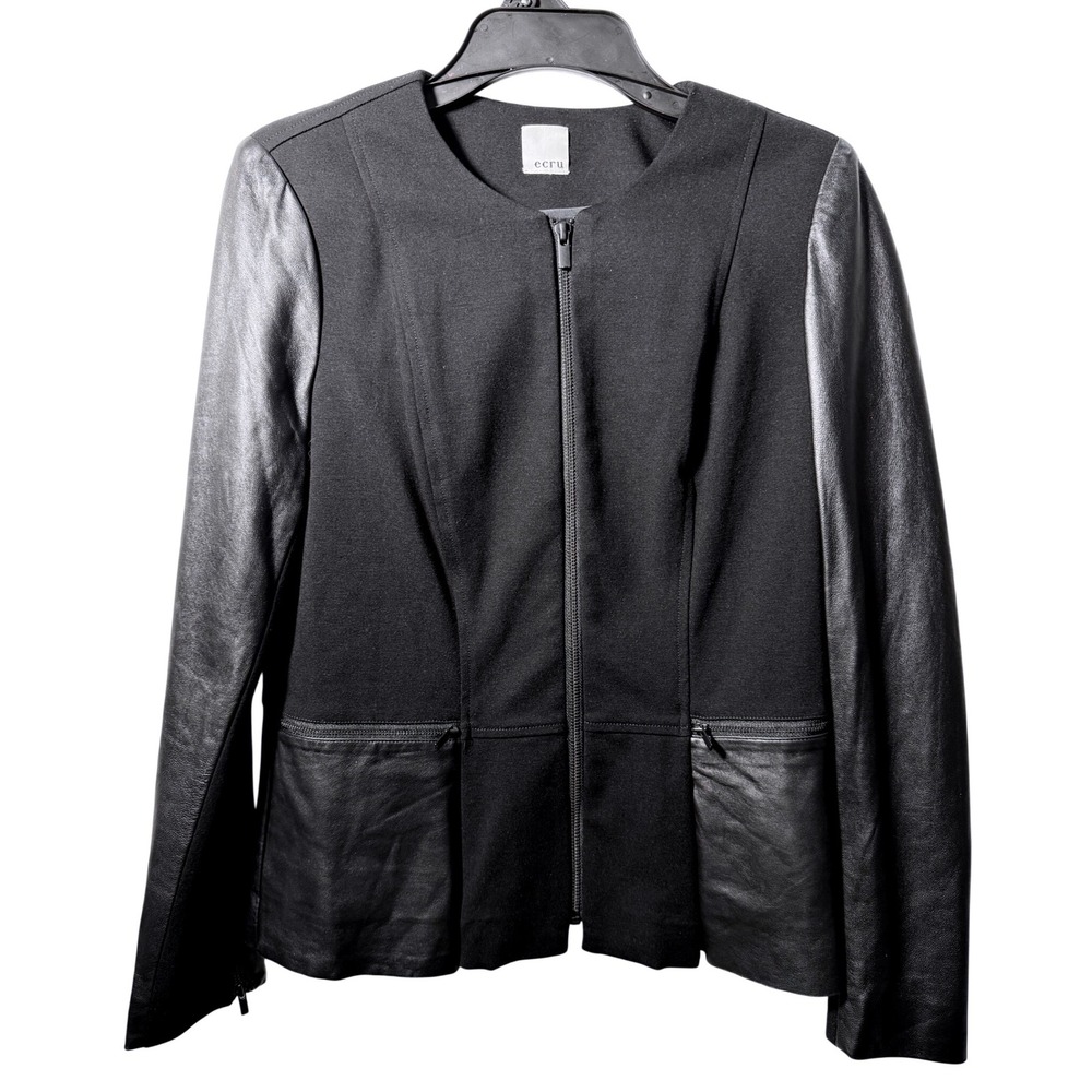 Ecru Black Ponte Jacket Genuine Leather Trim Mixed Media Zip Front Collarless